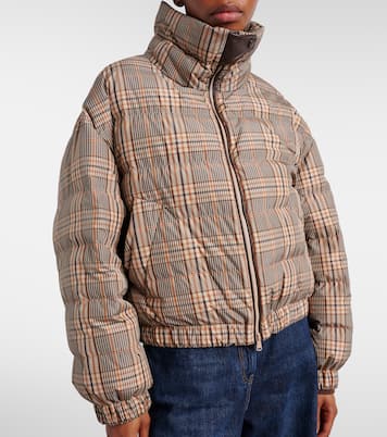 Checked leather-trimmed down jacket | Brunello Cucinelli