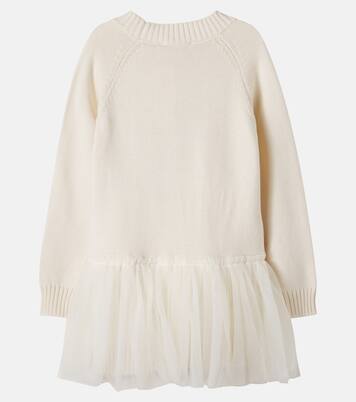 Tulle-trimmed cotton and wool sweater dress | Monnalisa