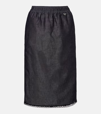 Lace-trimmed cotton and linen midi skirt | Prada