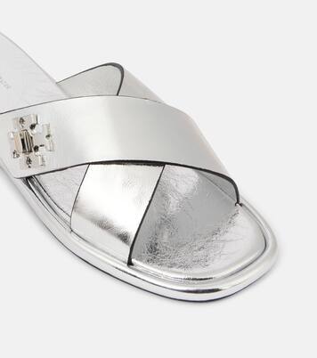 Pantoletten T Lock aus Metallic-Leder | Tory Burch