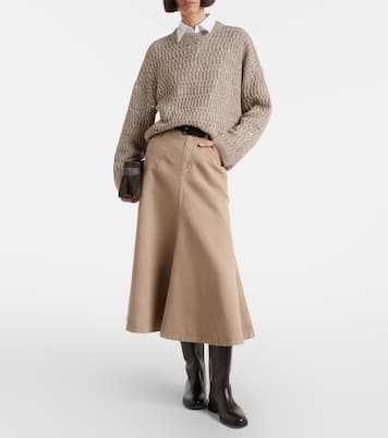 Cotton and linen denim midi skirt | Brunello Cucinelli