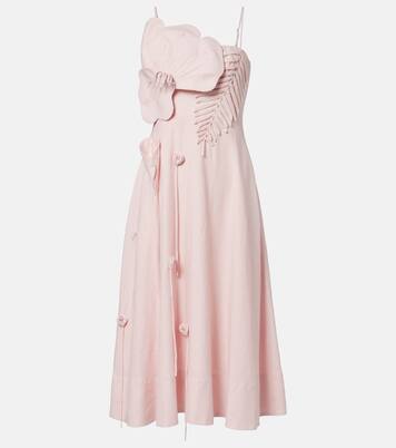 Vestido midi en mezcla de lino con apliques florales | Farm Rio