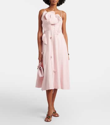 Vestido midi en mezcla de lino con apliques florales | Farm Rio