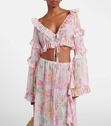 Anita floral ruffled off-shoulder crop top | Bananhot