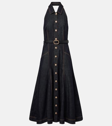 Vestido midi de denim con cuello halter | Self-Portrait