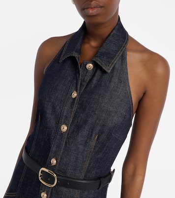 Vestido midi de denim con cuello halter | Self-Portrait