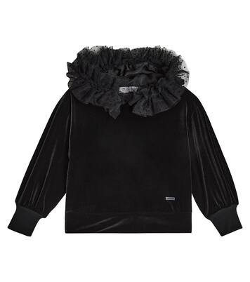 Tulle-trimmed velvet hoodie | Monnalisa