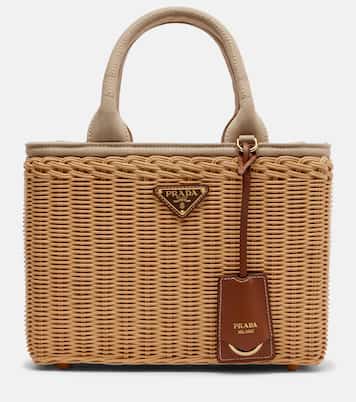 Medium wicker and canvas tote bag | Prada
