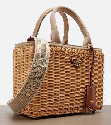 Medium wicker and canvas tote bag | Prada