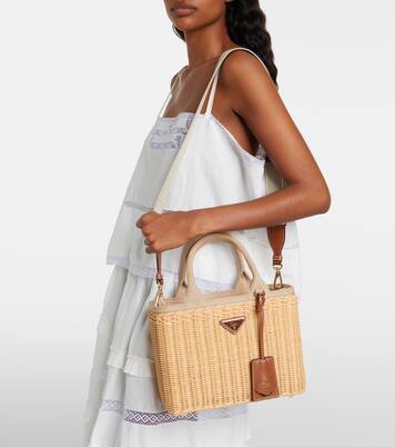 Medium wicker and canvas tote bag | Prada