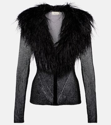 Feather-trimmed ribbed-knit cardigan | Blumarine