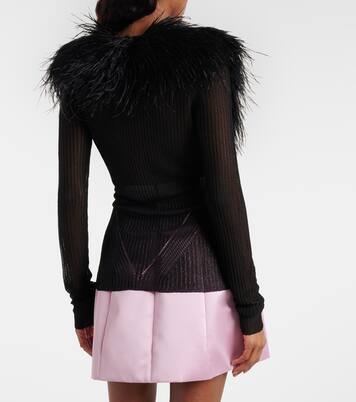 Feather-trimmed ribbed-knit cardigan | Blumarine