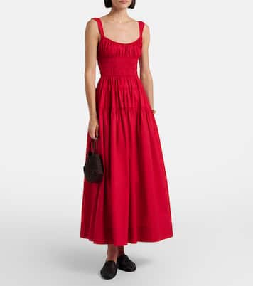 Vestido midi Clover de popelín de algodón fruncido | Dôen