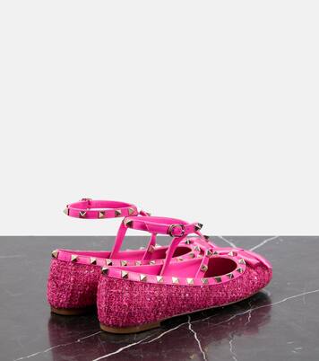 Rockstud leather-trimmed bouclé ballet flats | Valentino Garavani
