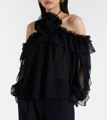 Floral-appliqué silk tulle top | Carolina Herrera
