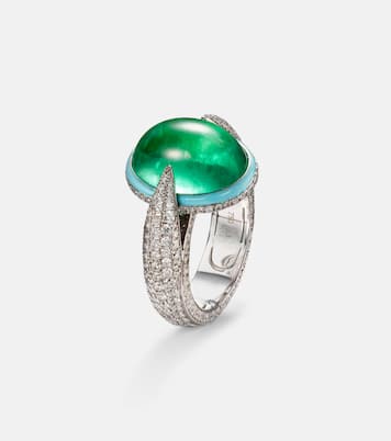 Bague en or blanc 18 ct, émeraudes et diamants | Kamyen