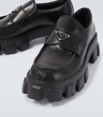 Logo leather platform loafers | Prada