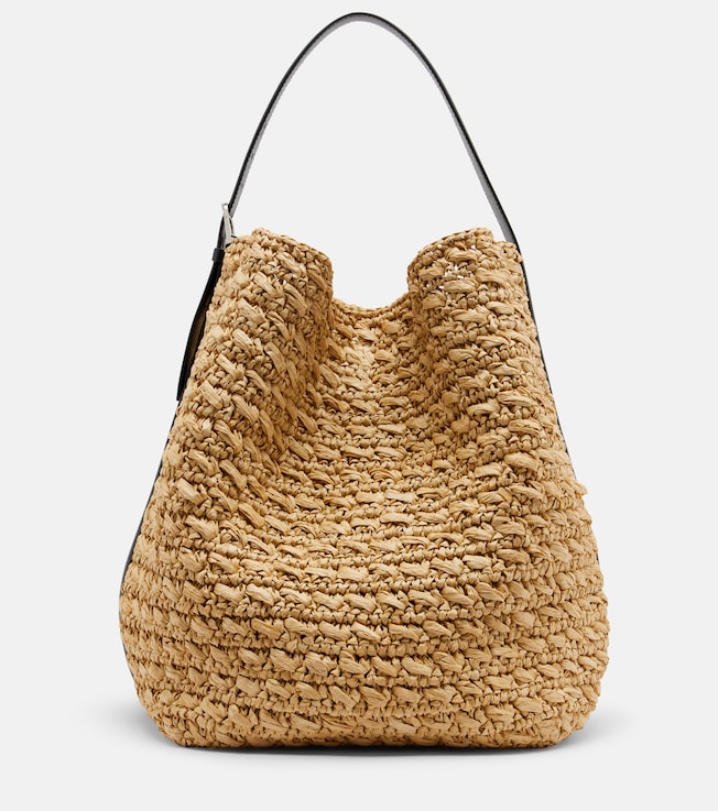 Leather-trimmed raffia and paper bucket bag