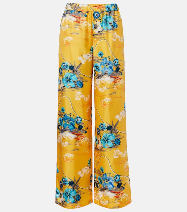 Floral silk twill wide-leg pants