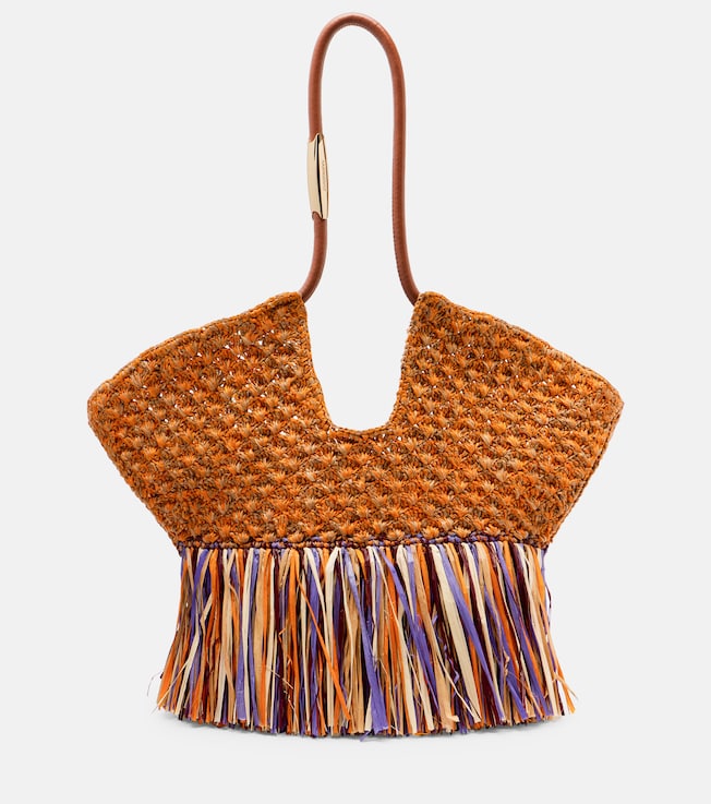 Goldentime Medium fringed raffia tote bag
