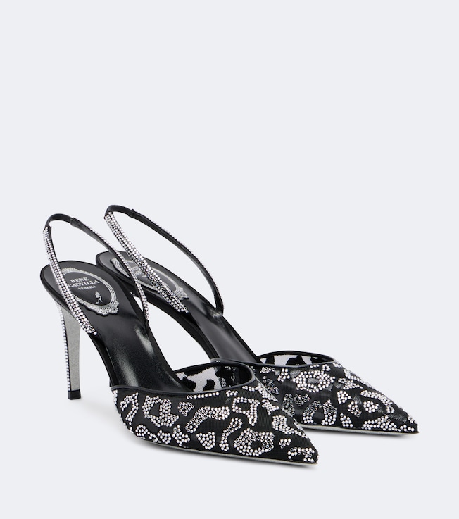 Embellished mesh slingback pumps