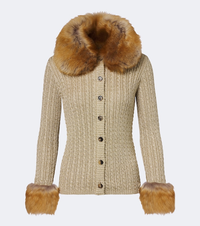 Cable-knit shearling-trimmed cardigan