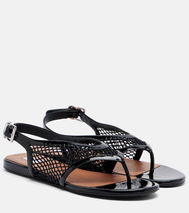 Leather-trimmed fishnet thong sandals