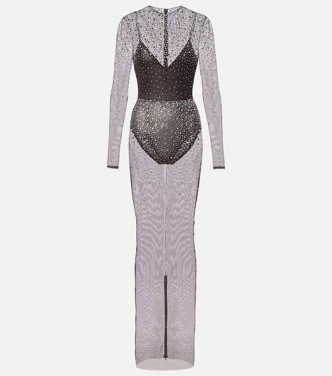 Crystal-embellished mesh maxi dress