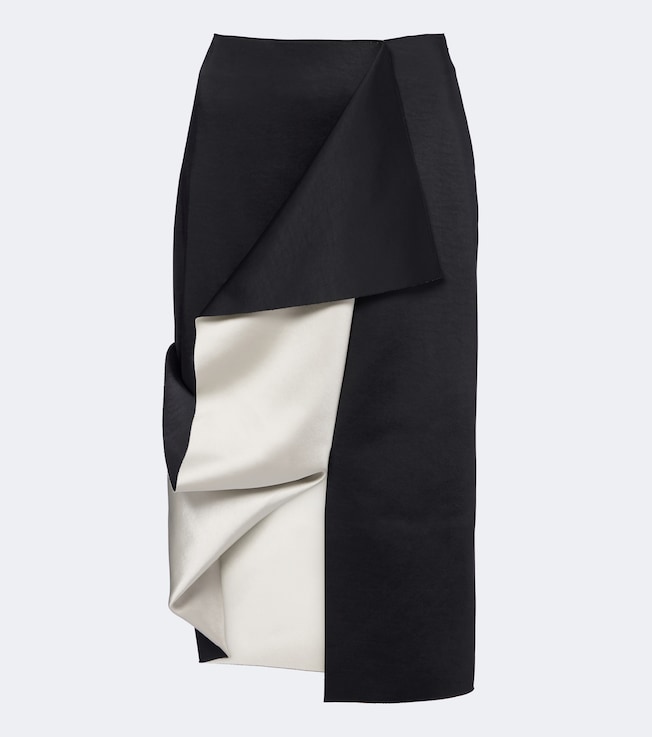 Draped asymmetric satin midi skirt