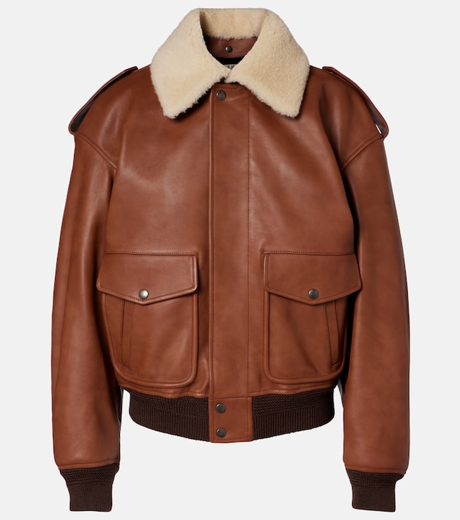 Shearling-trimmed leather bomber jacket