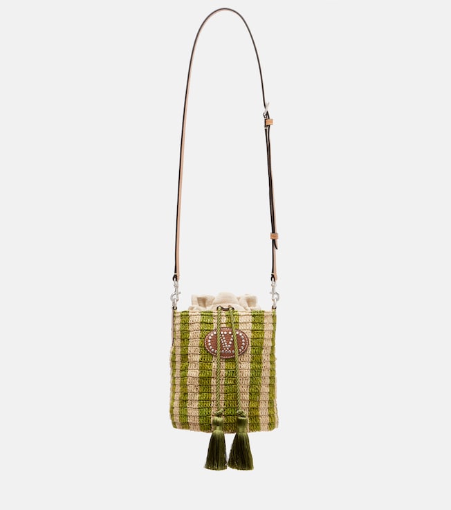 VLogo Mini striped raffia tote bag