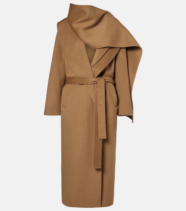 Scarf-detail wool and cashmere wrap coat