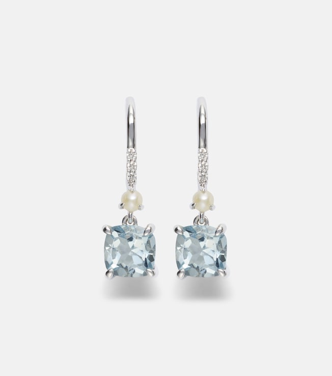 14kt white gold earrings with aquamarines, pearls, and diamonds
