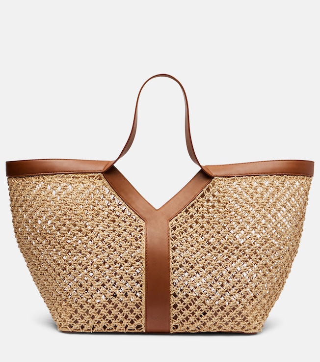 Y leather-trimmed raffia tote bag