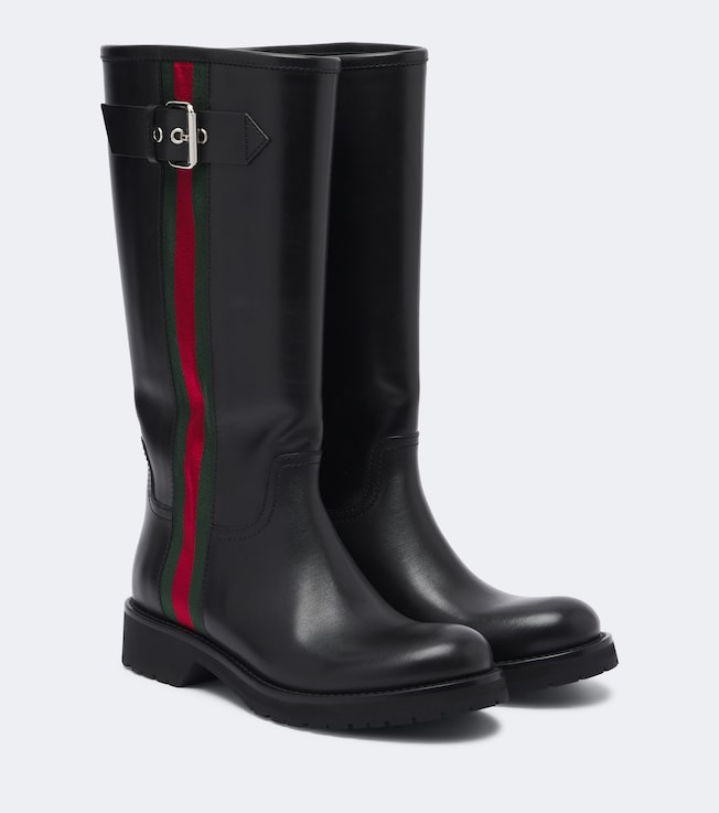 Web Stripe leather biker boots