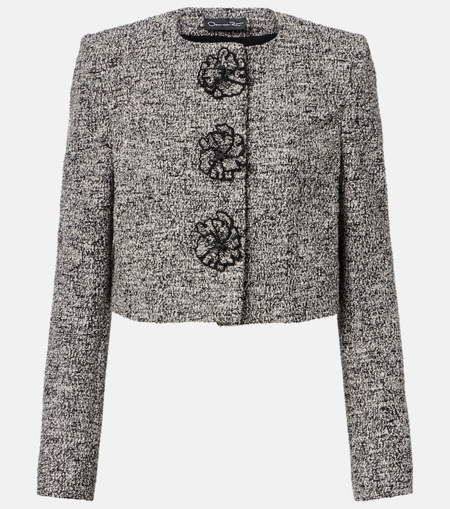 Floral-appliqué cotton-blend tweed jacket