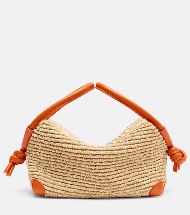 Loop leather-trimmed raffia tote bag