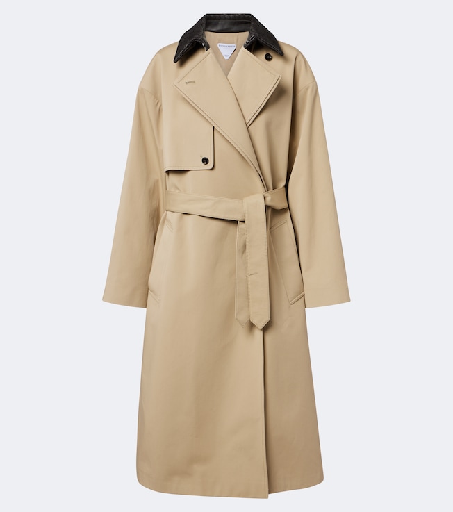 Leather-trimmed cotton trench coat