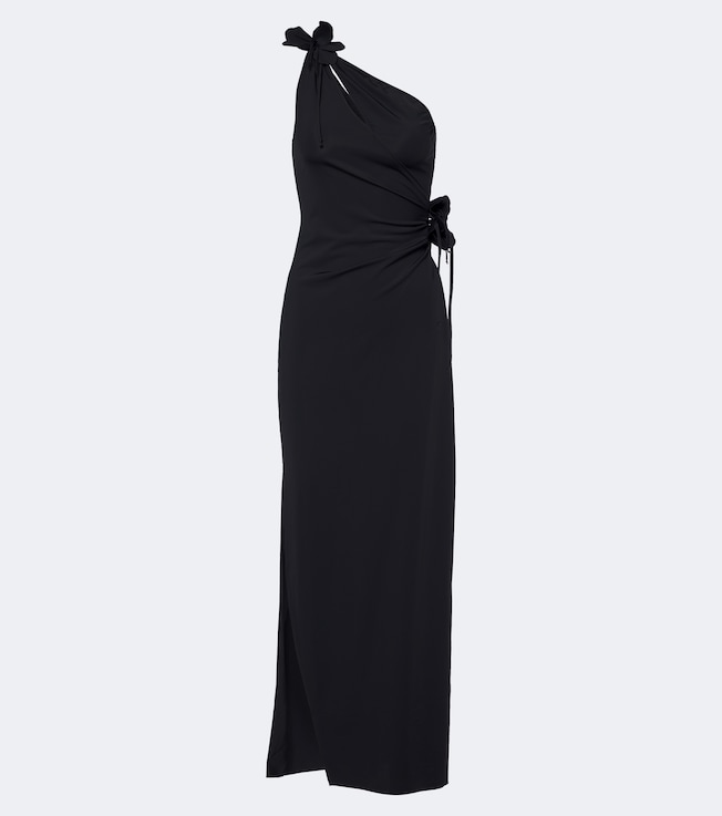 Floral-appliqué asymmetric cocktail dress