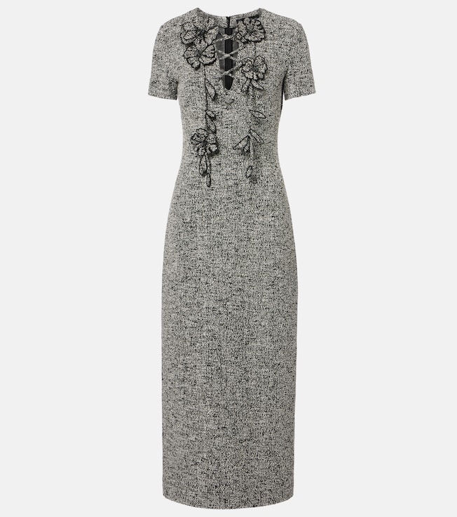 Floral-appliqué cotton-blend tweed midi dress