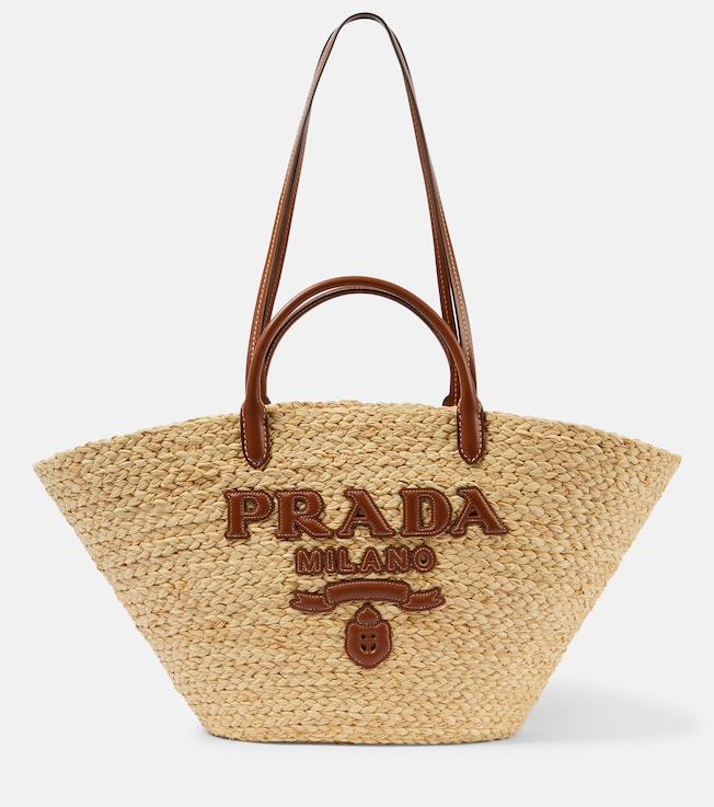 Large leather-trimmed raffia basket bag