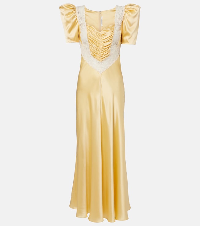 Lace-trimmed ruched silk satin maxi dress