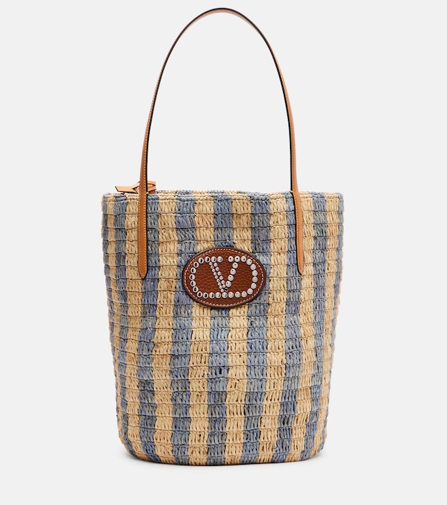 VLogo striped raffia tote bag