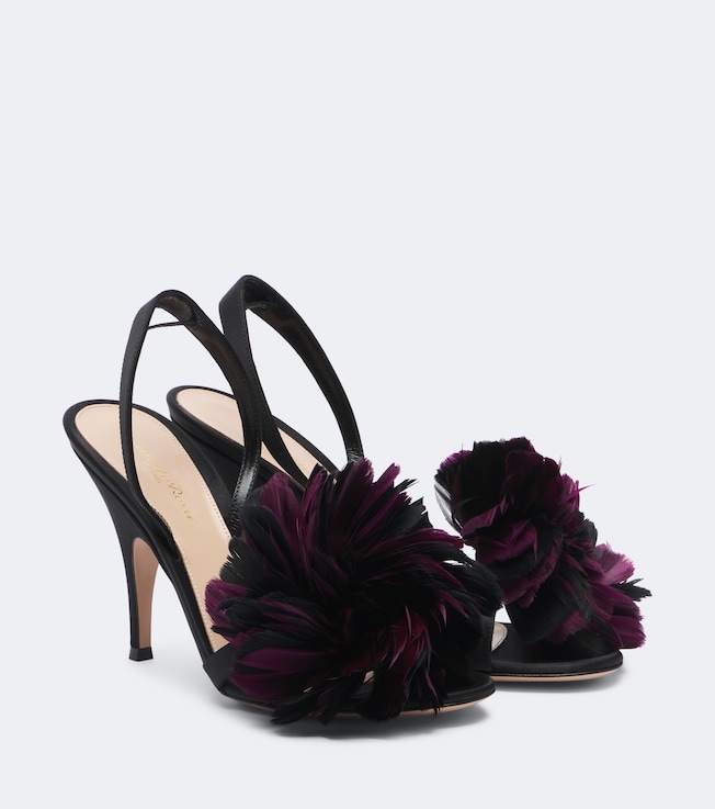 Floral-appliqué satin slingback sandals
