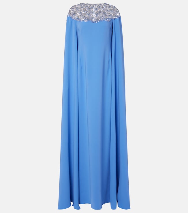 Embellished caped silk-blend gown