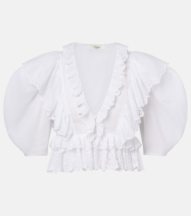 Embroidered ruffled cotton top
