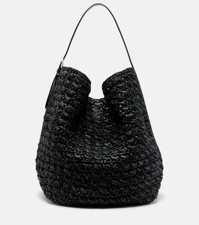 Belted leather-trimmed raffia tote bag