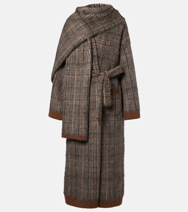 Checked mohair and wool-blend wrap coat
