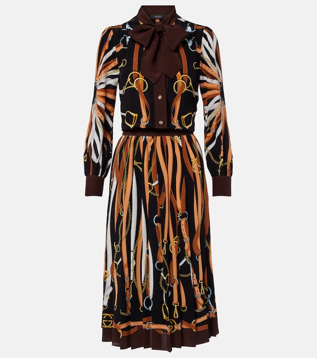 Printed tie-neck silk shirt dress