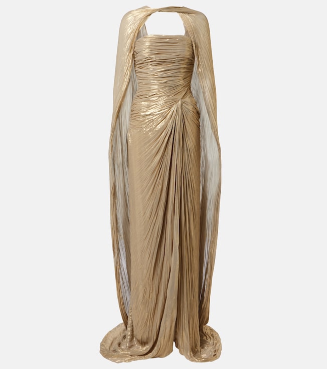 Pleated caped bustier gown